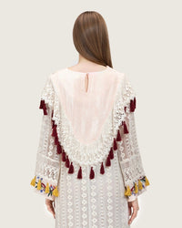 White Embroidered Lace Maxi Kaftan with Handmade Tassels - Noētic