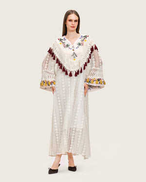 White Embroidered Lace Maxi Kaftan with Handmade Tassels - Noētic