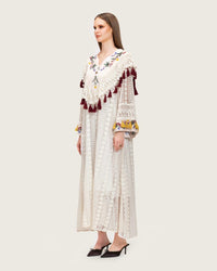 White Embroidered Lace Maxi Kaftan with Handmade Tassels - Noētic