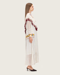 White Embroidered Lace Maxi Kaftan with Handmade Tassels - Noētic