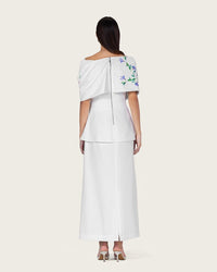 White Floral Crepe Maxi Dress with Off-Shoulder Neckline - Noētic