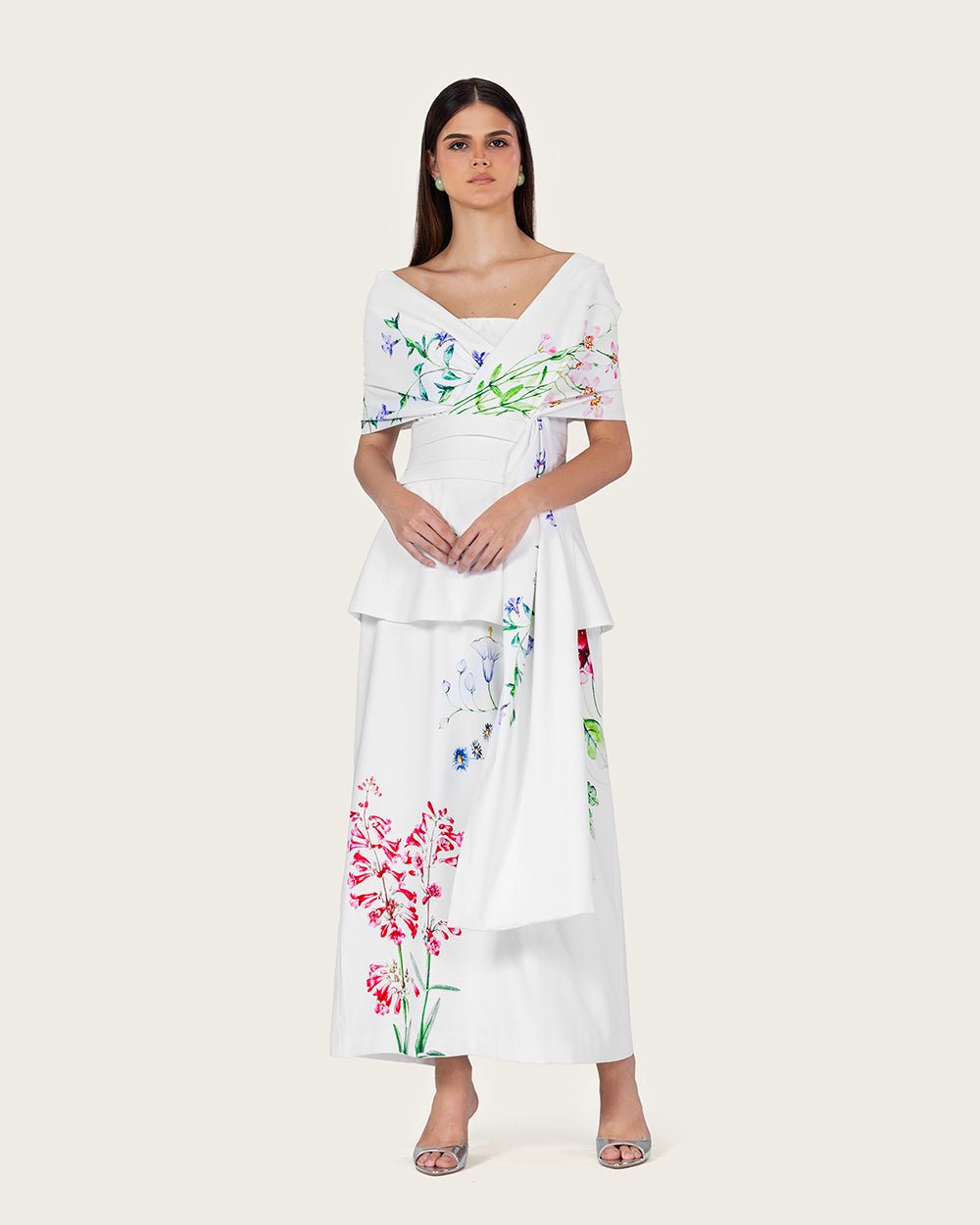 White Floral Crepe Maxi Dress with Off-Shoulder Neckline - Noētic