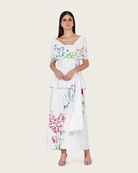 White Floral Crepe Maxi Dress with Off-Shoulder Neckline - Noētic