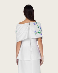 White Floral Crepe Maxi Dress with Off-Shoulder Neckline - Noētic