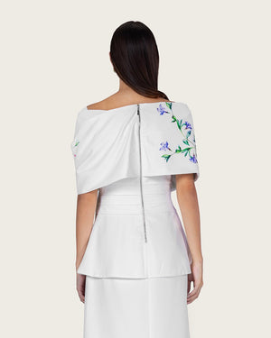 White Floral Crepe Maxi Dress with Off-Shoulder Neckline - Noētic