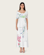 White Floral Crepe Maxi Dress with Off-Shoulder Neckline - Noētic