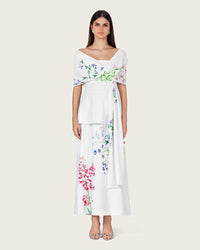 White Floral Crepe Maxi Dress with Off-Shoulder Neckline - Noētic