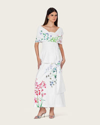 White Floral Crepe Maxi Dress with Off-Shoulder Neckline - Noētic