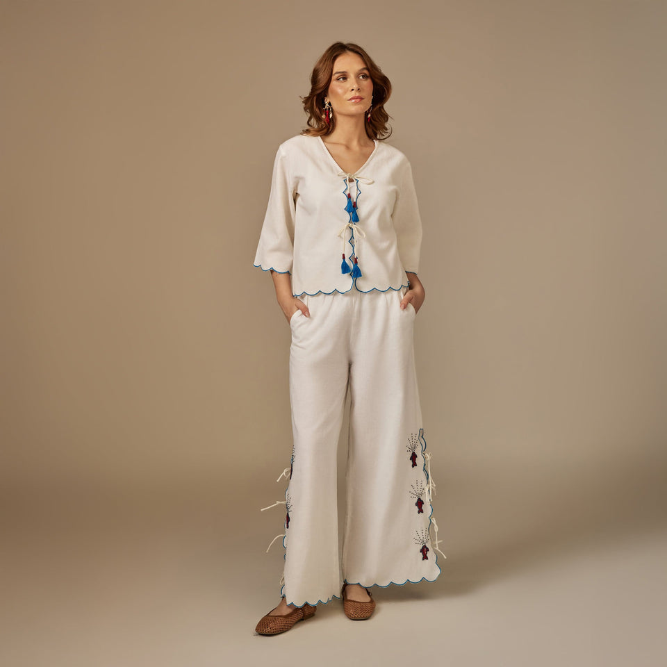 White Hand Beaded Fish Decorated Cotton Set - Noētic