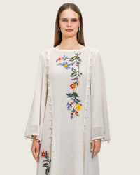 White Maxi Net Fabric Kaftan with Floral Embroidery - Noētic