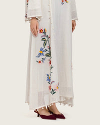 White Maxi Net Fabric Kaftan with Floral Embroidery - Noētic