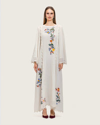 White Maxi Net Fabric Kaftan with Floral Embroidery - Noētic