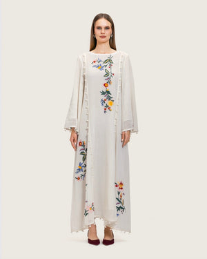 White Maxi Net Fabric Kaftan with Floral Embroidery - Noētic