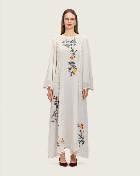 White Maxi Net Fabric Kaftan with Floral Embroidery - Noētic