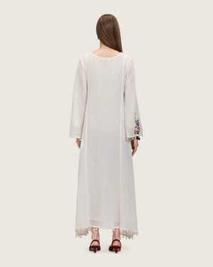 White Maxi Net Fabric Kaftan with Floral Embroidery - Noētic