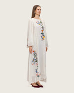 White Maxi Net Fabric Kaftan with Floral Embroidery - Noētic