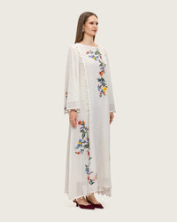 White Maxi Net Fabric Kaftan with Floral Embroidery - Noētic