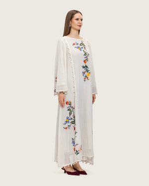 White Maxi Net Fabric Kaftan with Floral Embroidery - Noētic