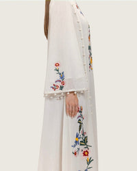 White Maxi Net Fabric Kaftan with Floral Embroidery - Noētic