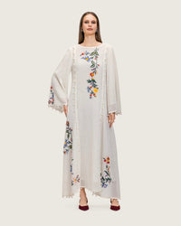 White Maxi Net Fabric Kaftan with Floral Embroidery - Noētic