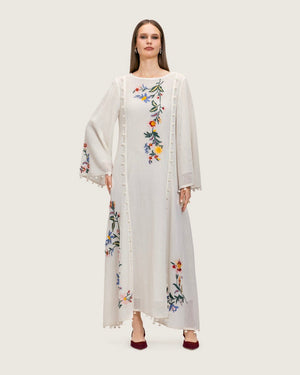 White Maxi Net Fabric Kaftan with Floral Embroidery - Noētic