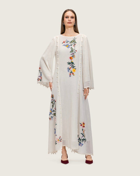 White Maxi Net Fabric Kaftan with Floral Embroidery - Noētic