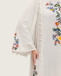 White Maxi Net Fabric Kaftan with Floral Embroidery - Noētic