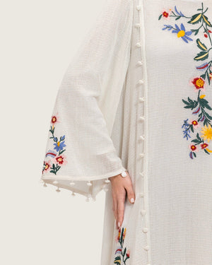 White Maxi Net Fabric Kaftan with Floral Embroidery - Noētic