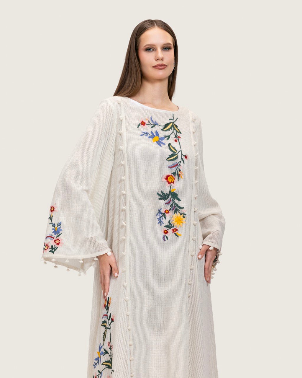 White Maxi Net Fabric Kaftan with Floral Embroidery - Noētic