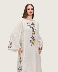 White Maxi Net Fabric Kaftan with Floral Embroidery - Noētic