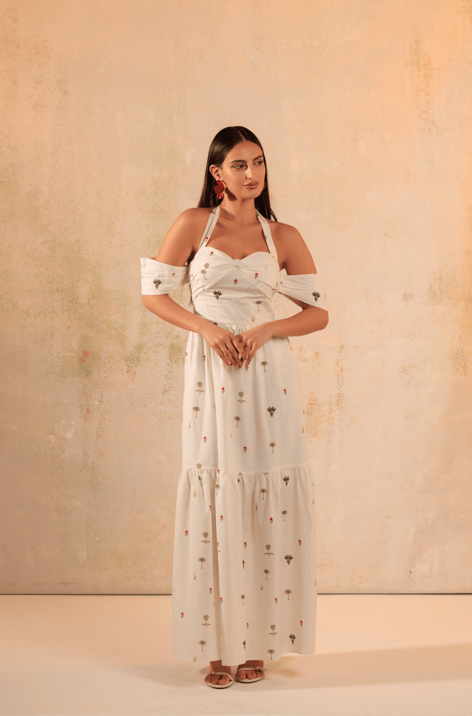 White Tropical Whisper: Tie Neck Maxi Linen Dress - Noētic