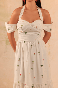 White Tropical Whisper: Tie Neck Maxi Linen Dress - Noētic