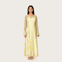 Yellow Floral Chiffon Dress with Bell Sleeves - Noētic