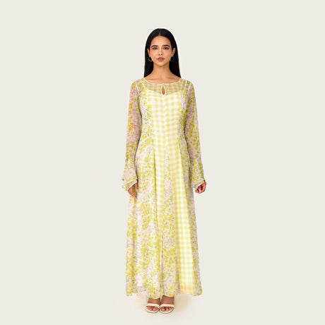 Yellow Floral Chiffon Dress with Bell Sleeves - Noētic