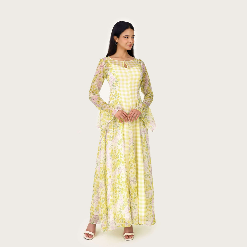 Yellow Floral Chiffon Dress with Bell Sleeves - Noētic
