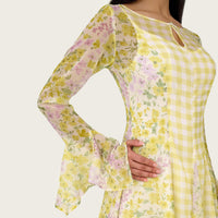 Yellow Floral Chiffon Dress with Bell Sleeves - Noētic