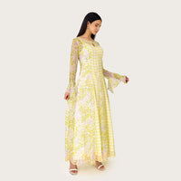 Yellow Floral Chiffon Dress with Bell Sleeves - Noētic