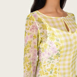 Yellow Floral Chiffon Dress with Bell Sleeves - Noētic