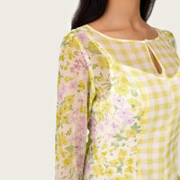 Yellow Floral Chiffon Dress with Bell Sleeves - Noētic
