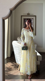 Yellow Floral Chiffon Dress with Bell Sleeves - Noētic