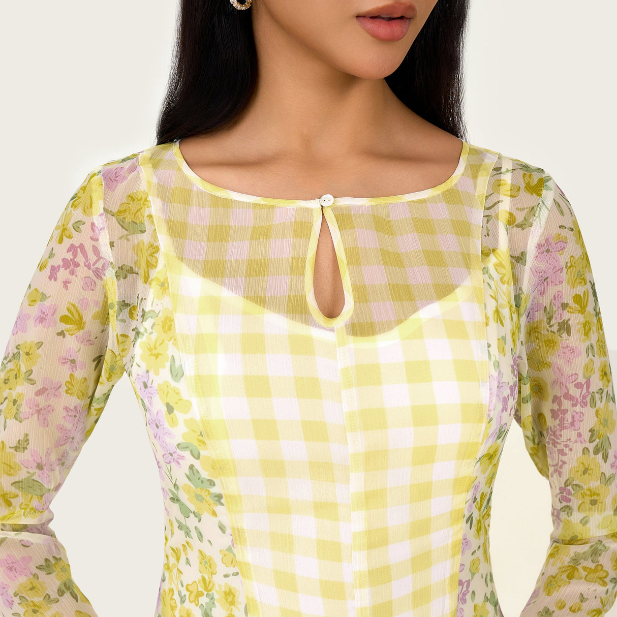 Yellow Floral Chiffon Dress with Bell Sleeves - Noētic