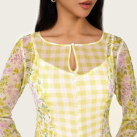 Yellow Floral Chiffon Dress with Bell Sleeves - Noētic