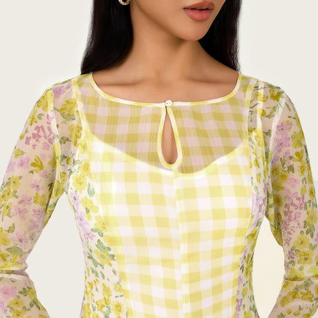 Yellow Floral Chiffon Dress with Bell Sleeves - Noētic