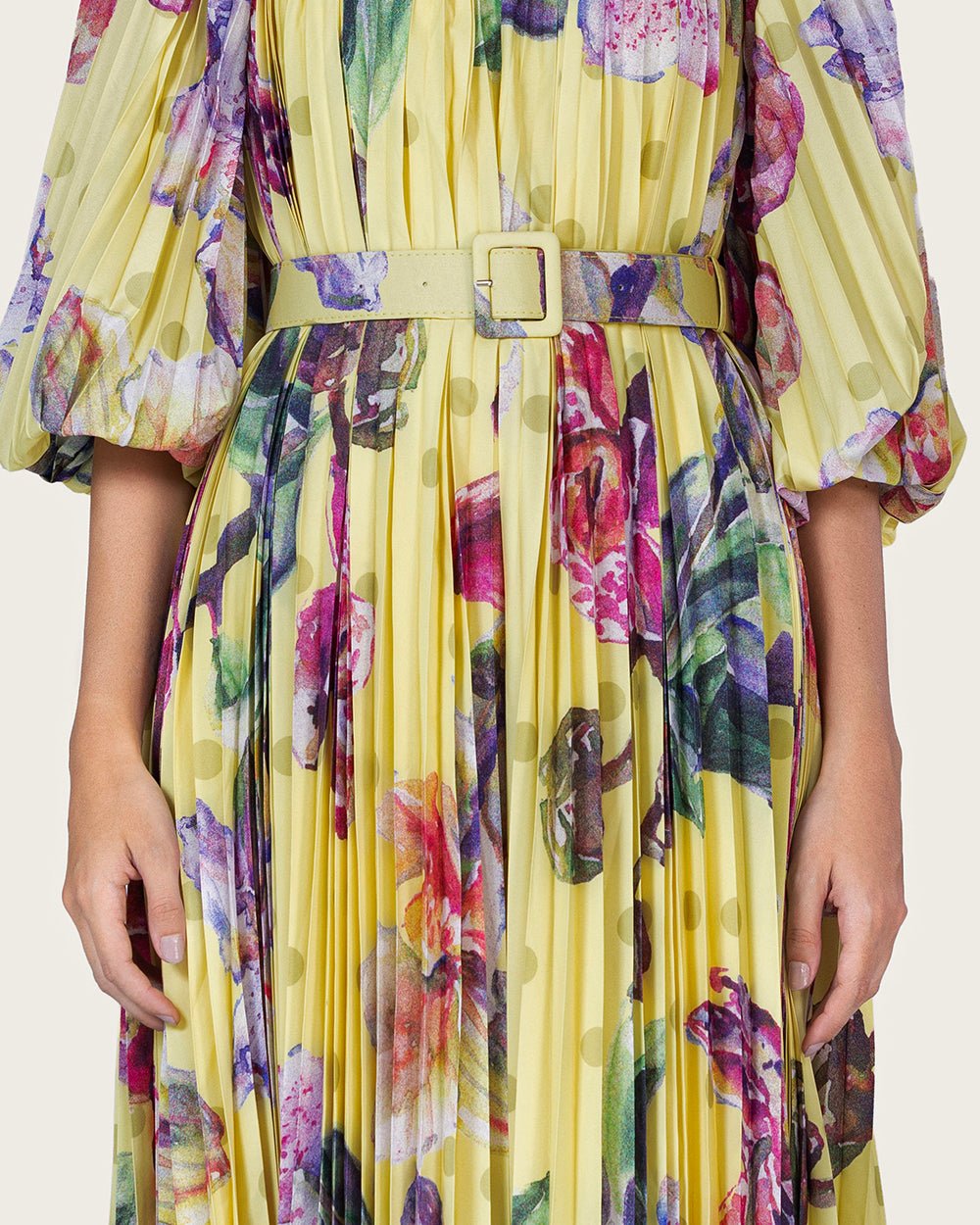 Yellow Floral Pleated Chiffon Midi Dress with Belt - Noētic