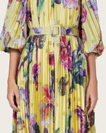 Yellow Floral Pleated Chiffon Midi Dress with Belt - Noētic