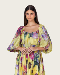 Yellow Floral Pleated Chiffon Midi Dress with Belt - Noētic