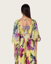 Yellow Floral Pleated Chiffon Midi Dress with Belt - Noētic