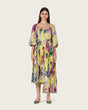 Yellow Floral Pleated Chiffon Midi Dress with Belt - Noētic