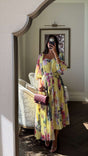 Yellow Floral Pleated Chiffon Midi Dress with Belt - Noētic