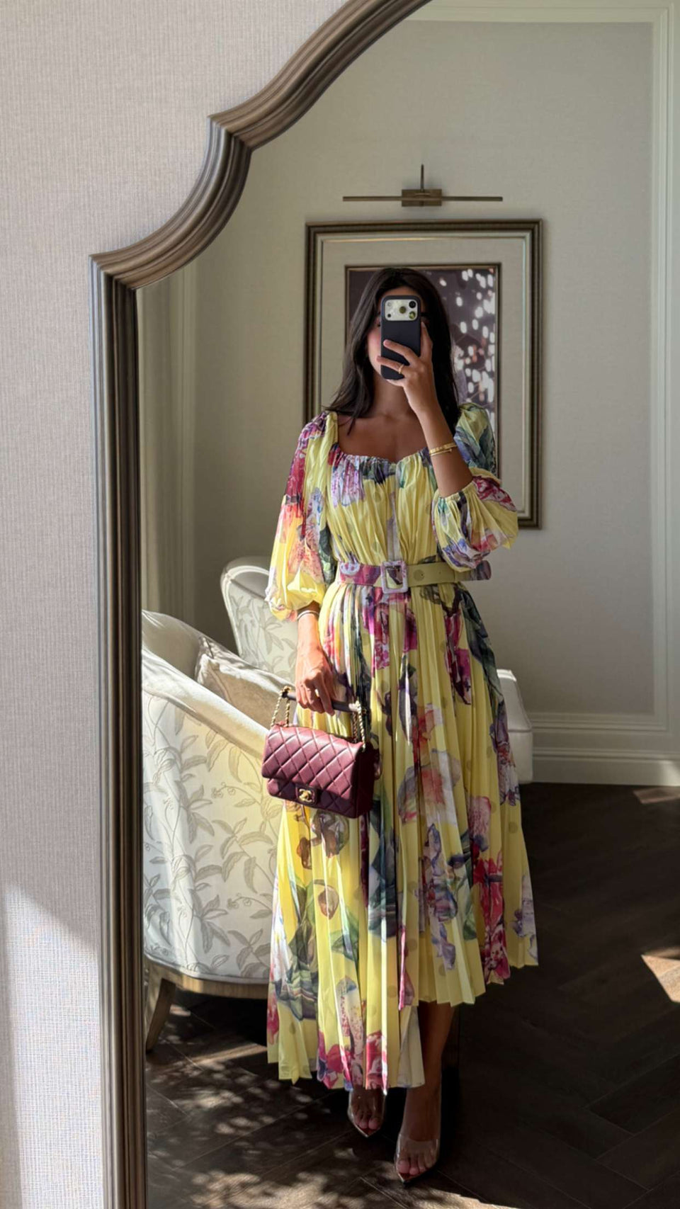 Yellow Floral Pleated Chiffon Midi Dress with Belt - Noētic